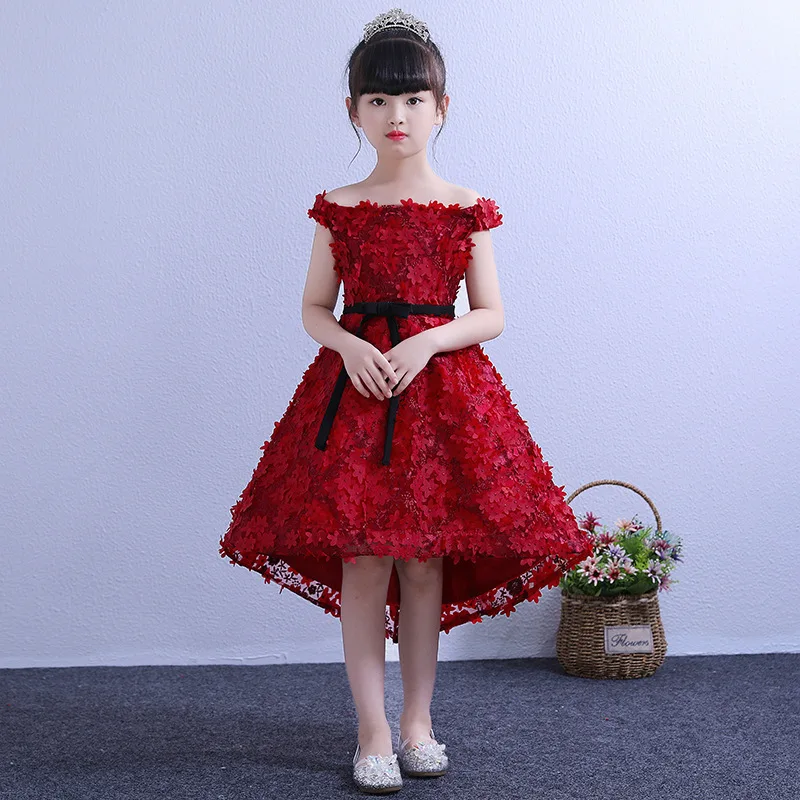 

Off the Shoulder Flower Girl Dresses for Wedding Short Front Long Back Kids Pageant Dress for Birthday Princess Party Dress B419