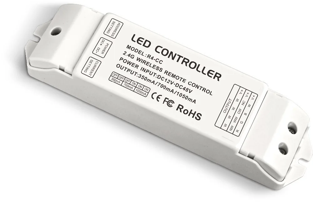 

R4-CC;2.4GHz CC Zone Receiving controller;DC12V~DC48V input;CC 350/700/1050mA*4CH(3 in 1)output