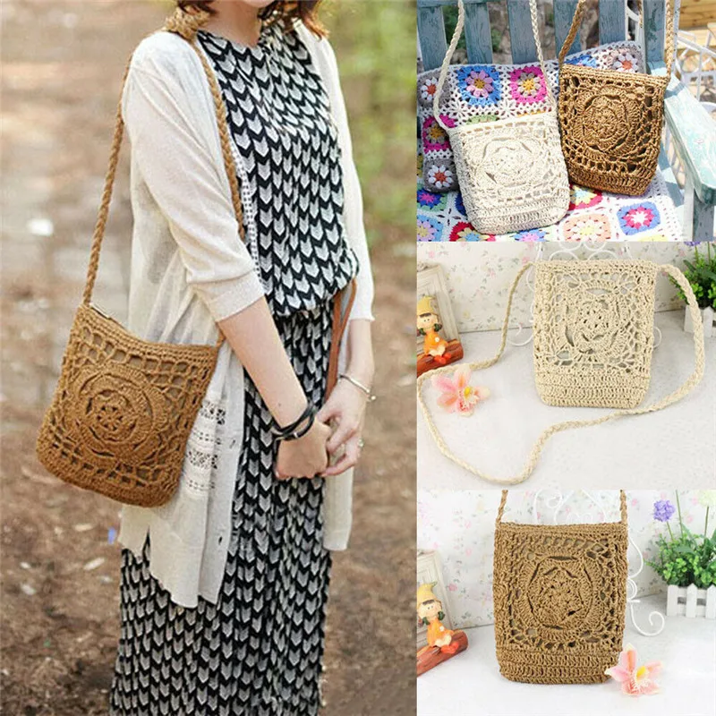 

NoEnName US Bali Island Hand-Woven Rattan Bag Crossbody Crochet bags Summer Flower Beach Bag Shoulder Square Bags