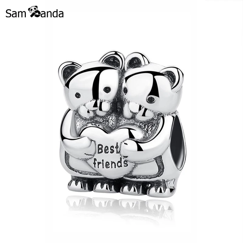 

Original 100% 925 Sterling Silver Bead Charm Best Buddies Charms Bear Friendship Fit Pandora Bracelets Women DIY Jewelry
