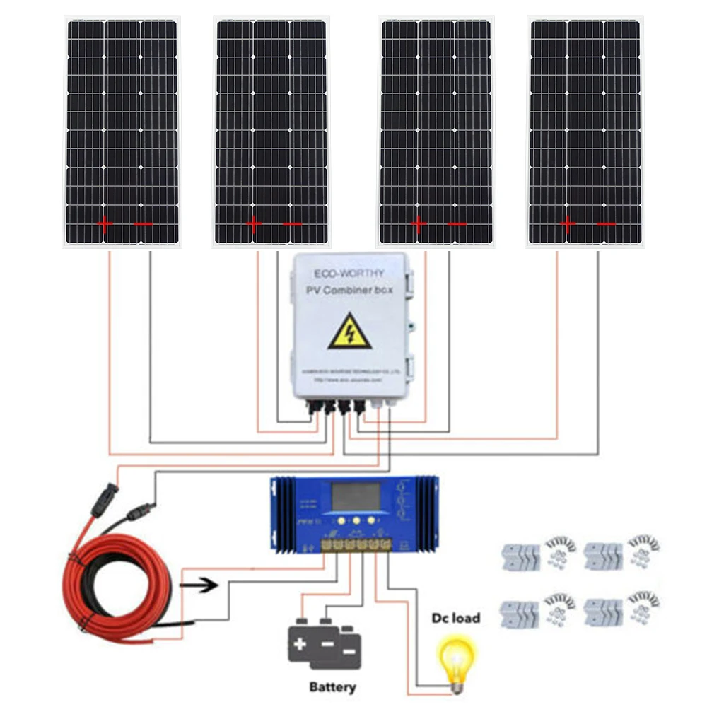 

ECOworthy 400W solar system: 4pcs 100W mono solar power panel & 60A controller & 4-string PV Combiner box charge FOR 12V battery