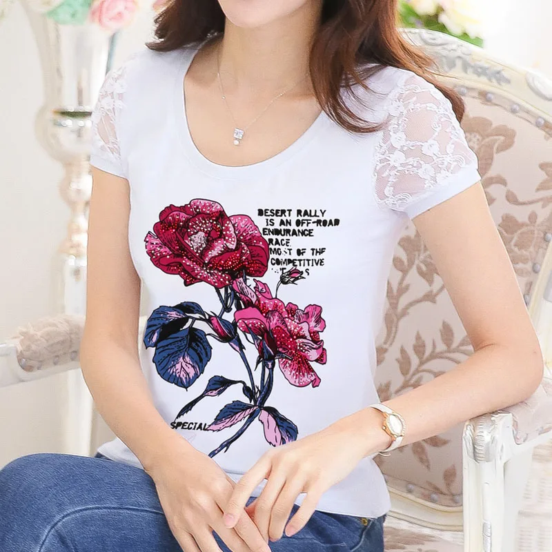 Camisetas Mujer летняя Стразы футболка Для женщин кружева короткий рукав леди, поставленные зоводами непосредственно Для женщин s футболка Женские ромбовидные Топы