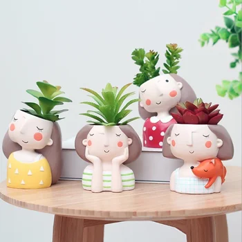

Succulent Plant Pot Cartoon Girl Fleshy Flower Pot Desktop Resin Bonsai Holder DIY Cactus Vase Garden Planters Home Decoration