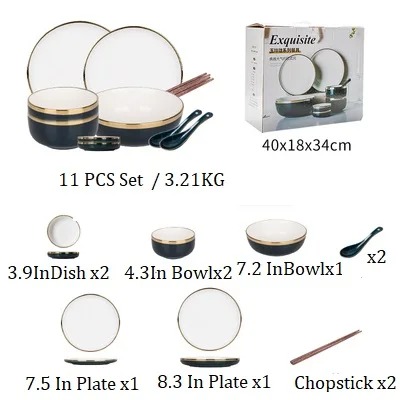 NIMITIME Европейский стиль Керамическая инкрустация чернил посуда набор тарелок Бытовая чаши для риса и супа миски Тарелка суповая ложка, столовые приборы - Цвет: 11 PCS