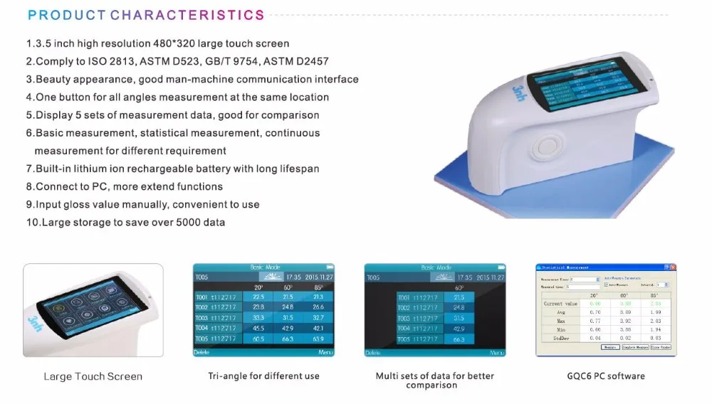 3NH Professional Intelligent 60 градусов измеритель блеска цифровой TFT 3,5 дюймов сенсорный экран поверхности краски покрытие гранит Glossmeter