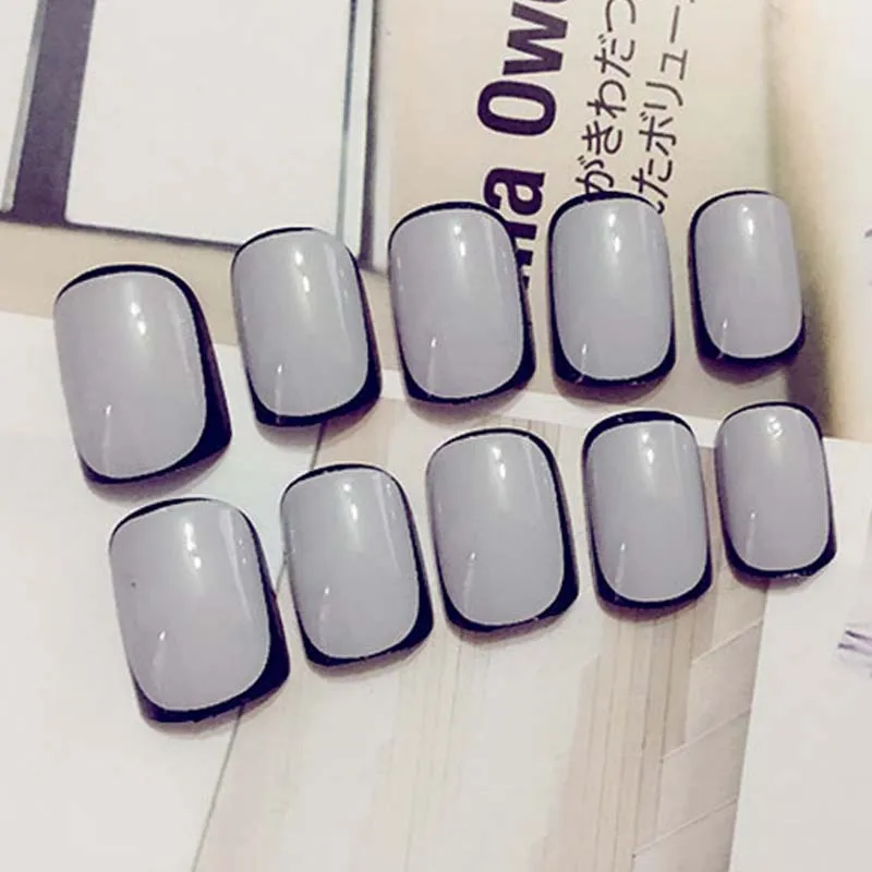 

24pcs Women Short Size Design Full Cover Fake Nails Ladies Individuality DIY Dark Grey Color Black Edging False Nails With Glue