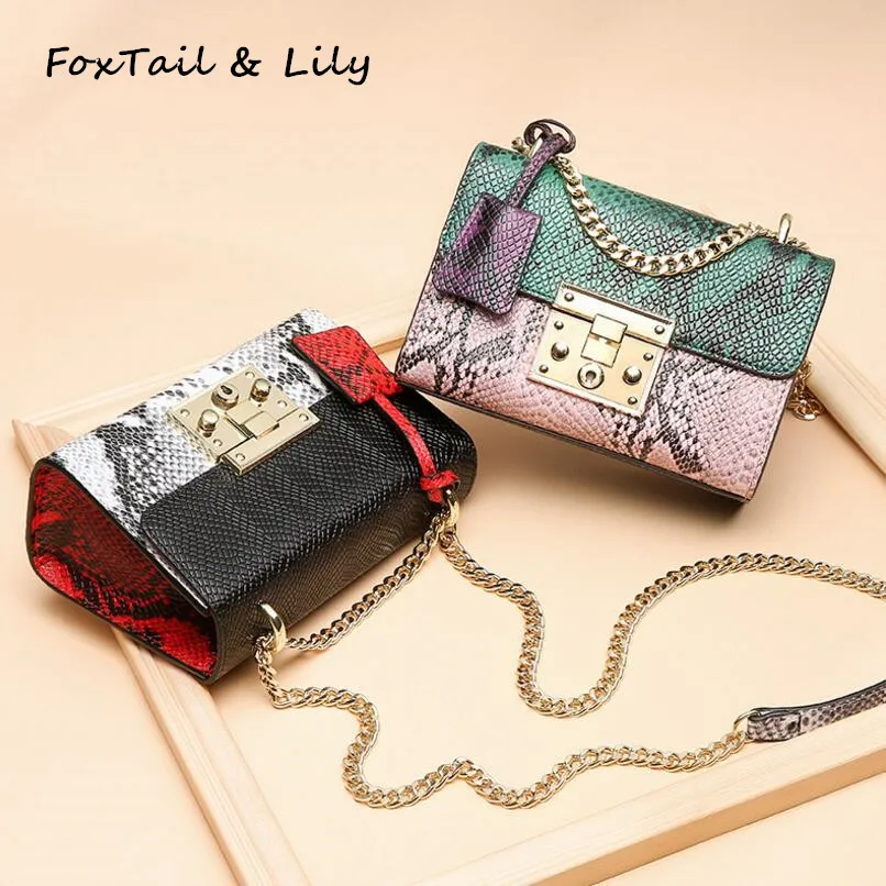 

FoxTail & Lily Women Genuine Leather Serpentine Panelled Mini Crossbody Bag Fashion Designer Small Chain Shoulder Messenger Bags