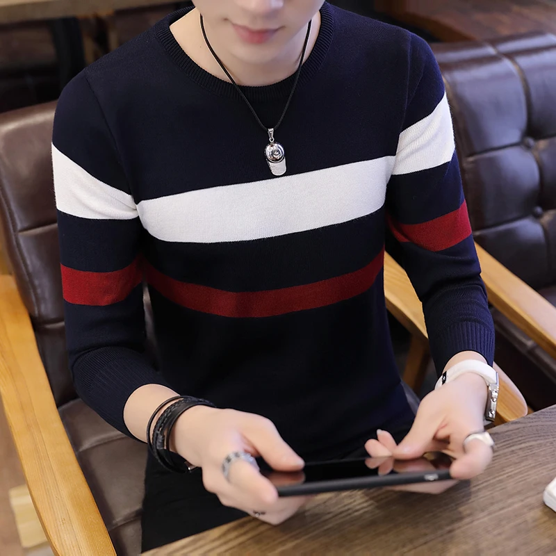 

2019 new round neck sweaters men thin striped sweater youth hedge render unlined upper garment of cultivate one's morality