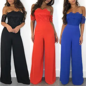 

New 2018 Ladies Lace Off Shoulder Loose Clubwear Casual Party Wide Leg Jumpsuit Rompe