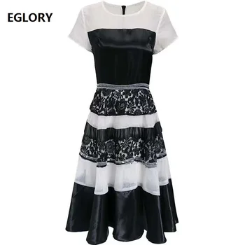

Elegant Party Vestidos Special Occasion Women Dresses 2019 Summer Style Ladies Lace Patchwork Black White Color Block Dress OL