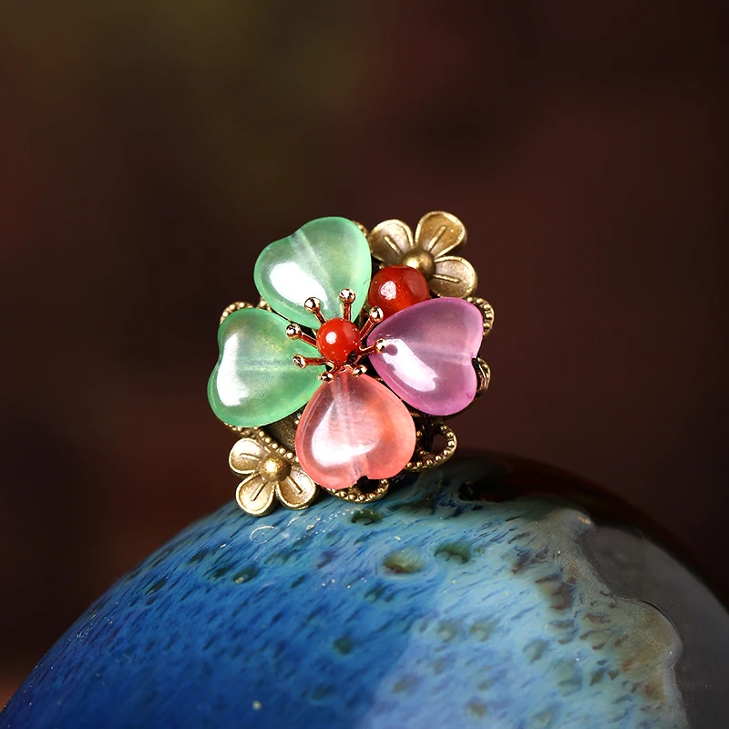 

Ethnic style four-leaf clover ring index finger female opening color jade jewelry retro accessories personalized decorations