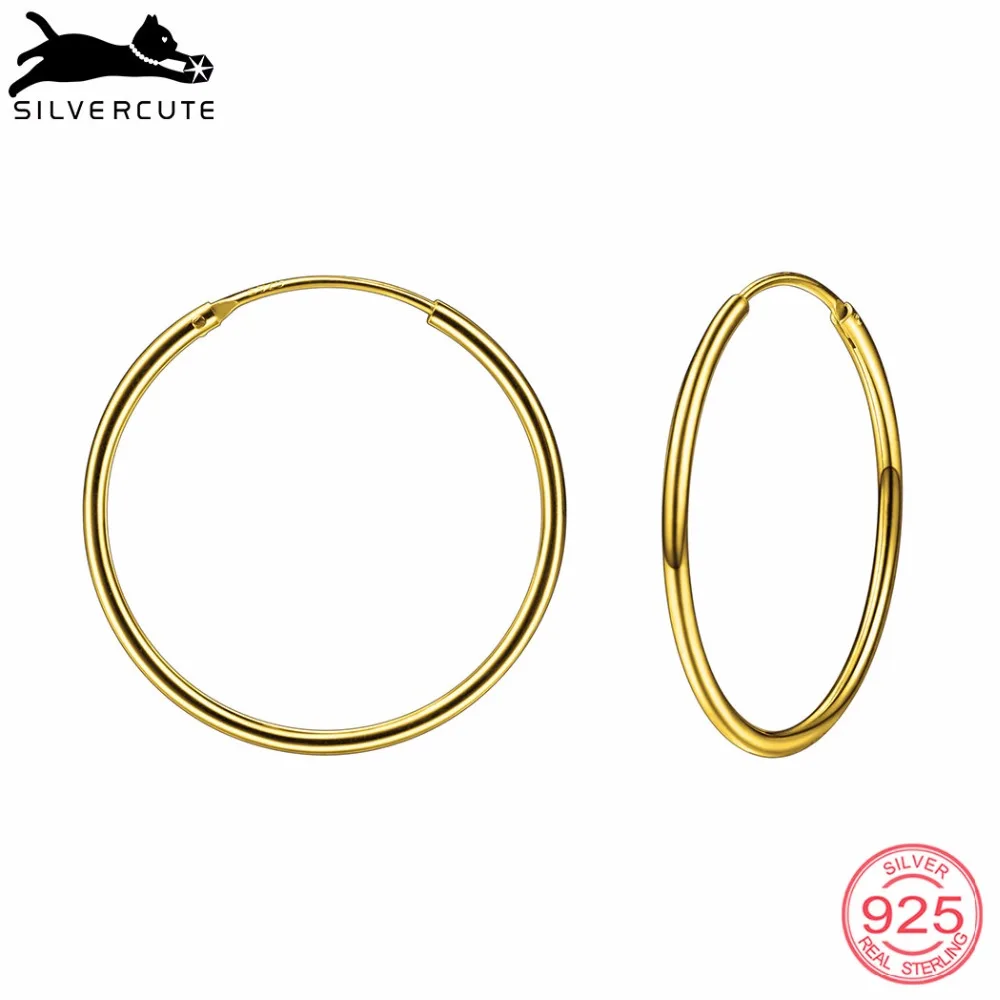 

Silvercute Gold Color Round Circle Earring For Women 5 Size 925 Sterling Silver Fine Jewelry Minimalism Earrings Hoops SCE6000