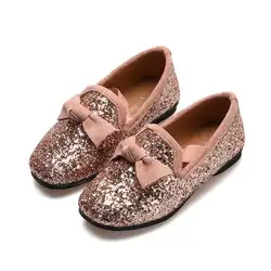 Осенне-весенние блестящие туфли для девочек, детская обувь принцессы на плоской подошве с бантом, 26-36, 3 цвета, TX07