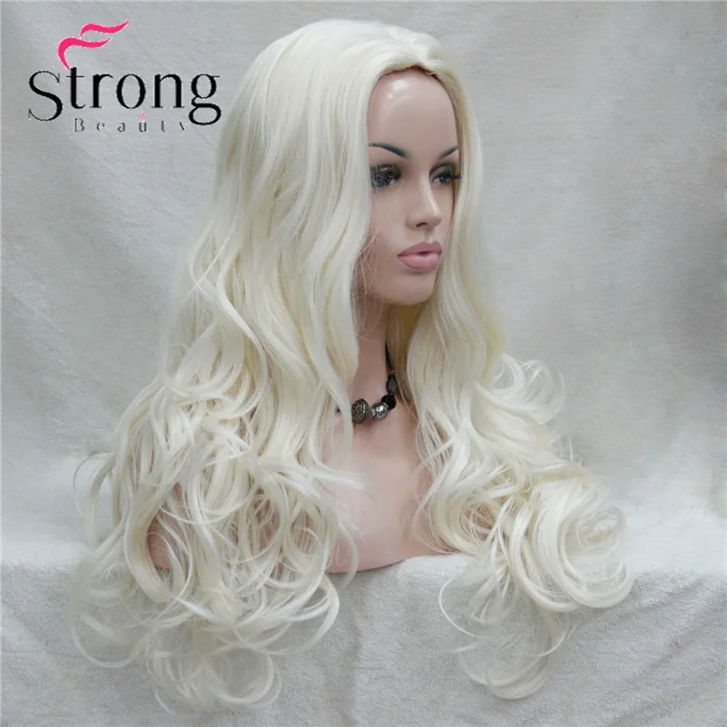 E-233 #614 new fashion sexy no bangs skin top 26 white blonde long wavy synthetic full wig (3)