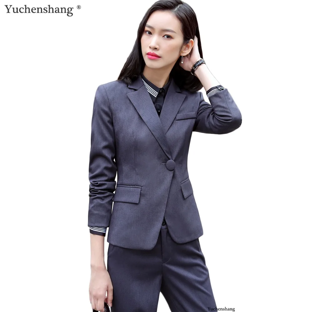 High quality 2 Pieces set soft material wool gray Pant Suit Office Lady Uniform Designs Women