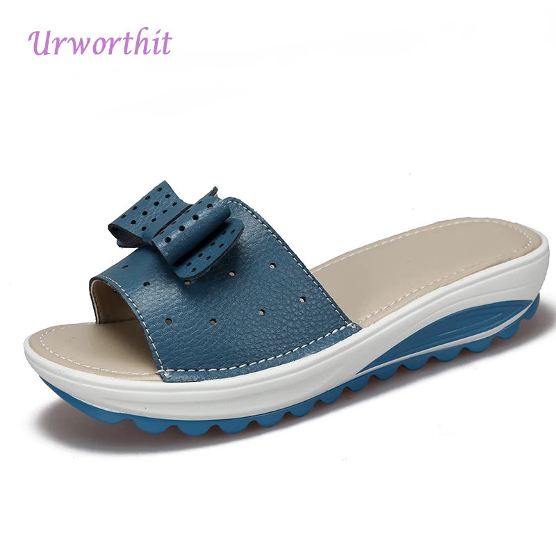 

2018 Women Summer Platform Shales Mules Slides Female Wedges Fashion Genuine Leather Slippers Booties Shoes Lady Beach Sandals
