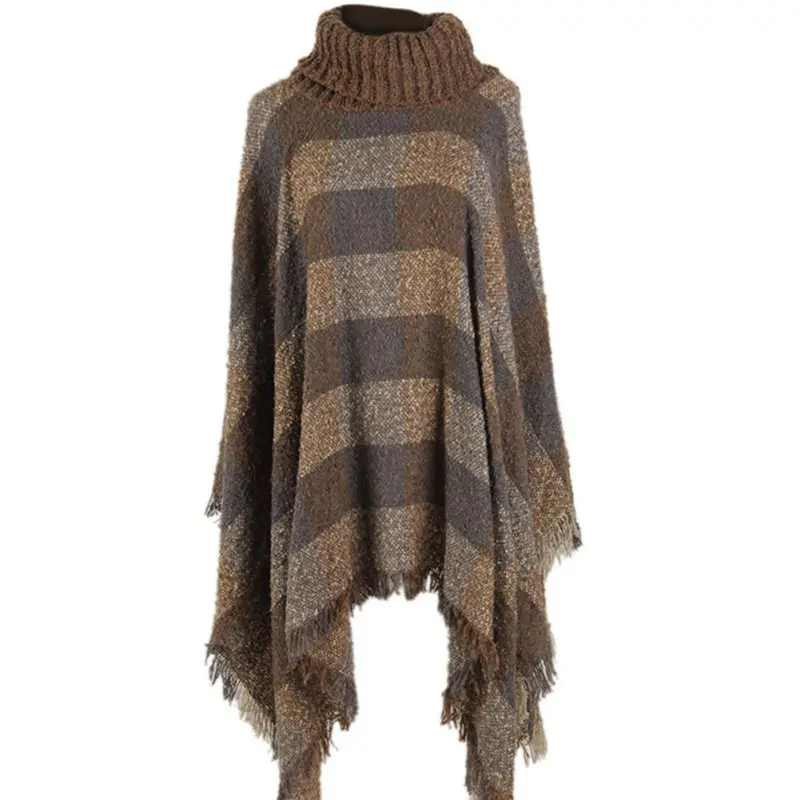 Ethnic Fusion Women font b Tartan b font Knitted Poncho Knit Turtle Neck Sweater Coat Outwear