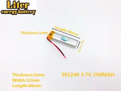 Li-Po 3,7 V 250 mAh литиево-полимерный lipo Перезаряжаемые Батарея Лев 501240 штекер 2pin для Mp3 gps bluetooth наушники