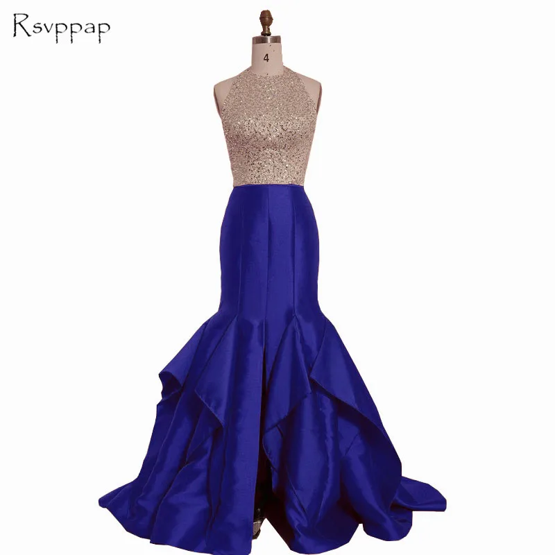 Long Prom Dresses 2020 Real Sample Mermaid Style Halter Gold