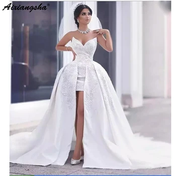 

Dubai Arabic White Wedding Dresses 2019 Lace Beaded Ball Gown Wedding Gowns with Detachable Train vestido de noiva Bride Dress