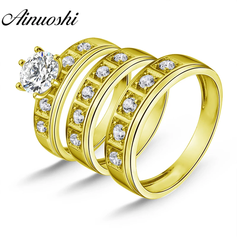 

AINUOSHI 7.6g Real Gold TRIO Rings Bridal Ring Set Male Band Lover Engagement Jewelry 10k Yellow Gold Couple Wedding Rings Set
