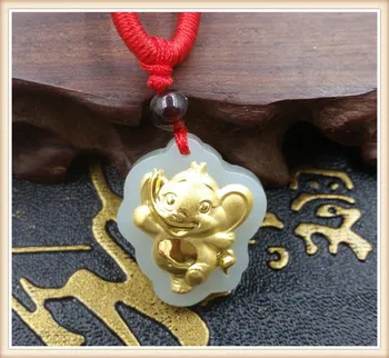 

Pure natural hetian jade gold auspicious elephant pendant necklace for men and women children jewelry gifts