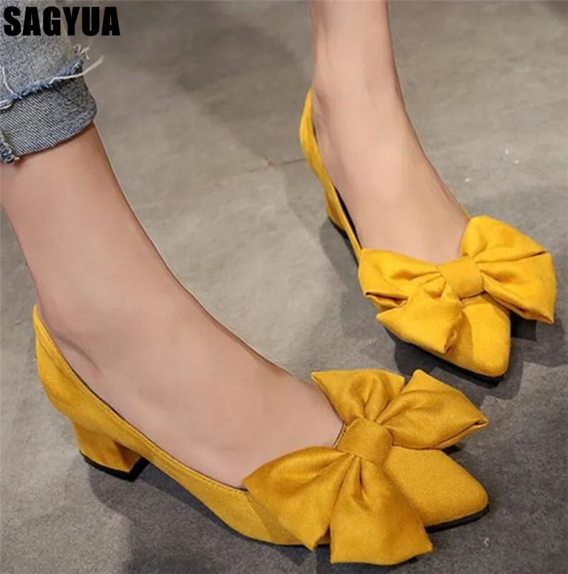 

New woman High heels Bow shallow Thick heel shoes ladies Pointed Platform Wedding party pumps casual women shoes Mujer Z219