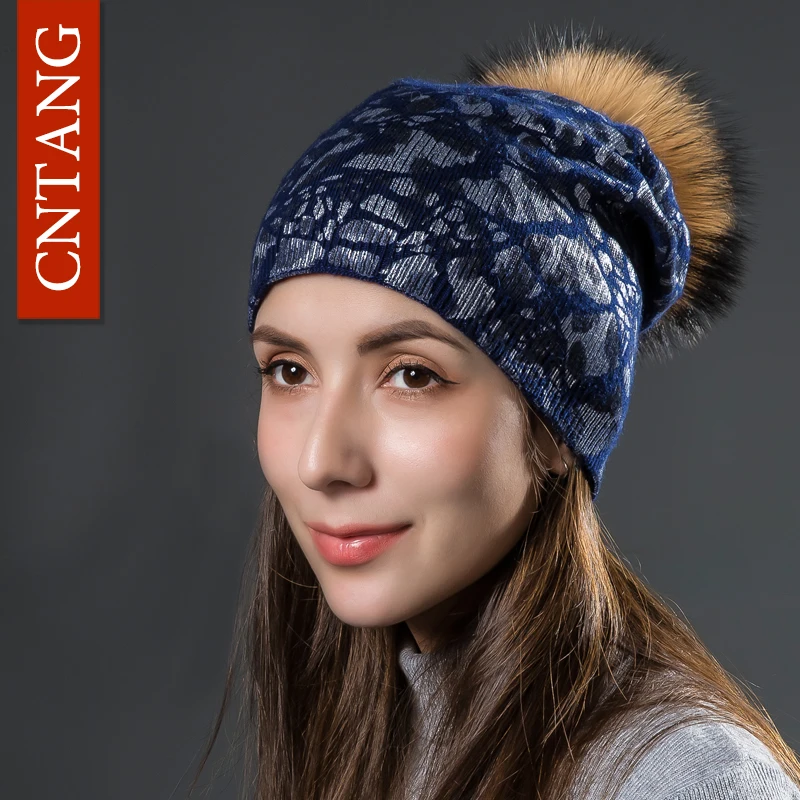 

CNTANG Double Layer Wool Leopard Silver Hats For Women Winter Warm Knitted Caps Raccoon Pompoms Fur Hat Fashion Ladies Beanies