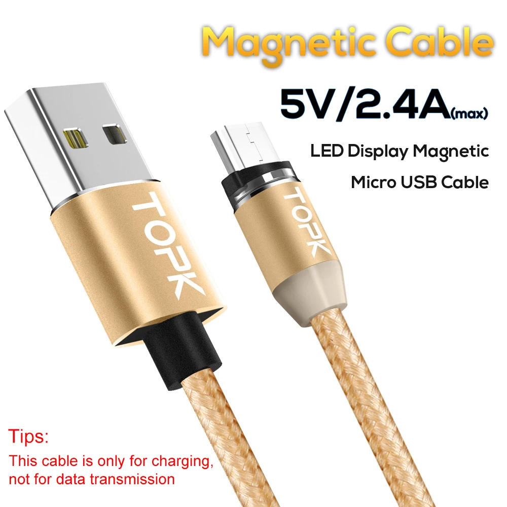 Магнитный кабель TOPK R-Line2, 1 м и 2 м, кабель Micro USB, светодиодный, индикатор, нейлоновая оплетка, Магнитный зарядный кабель для samsung S7 Edge