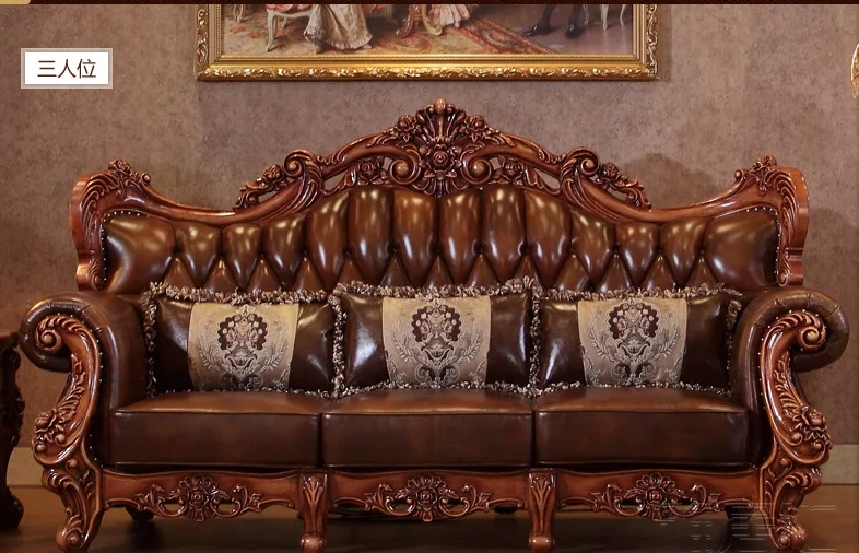 luxury italian red oak solid wood leather sofas living room furniture sets from China-PRF3027