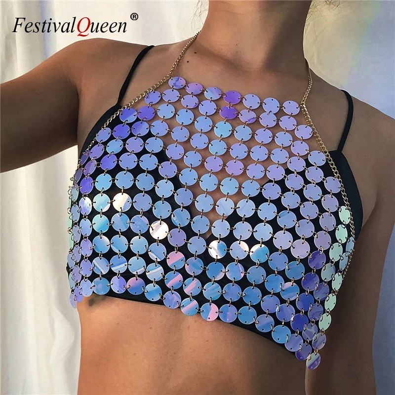 

Sexy Women Shiny Sequin Handmade Crop Top Summer Backless Adjustable Chain Beach Camis Party Club Sequins Tops Vest