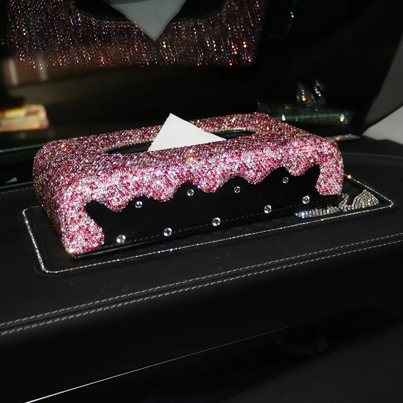 Colorful Diamante Crystal Car Tissue Box Luxury Leather with Crystal Rhinestone Paper Tower Storage Women