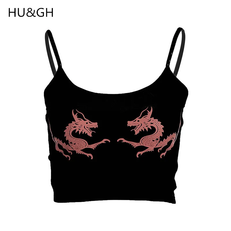 

ARDLTME Summer Fashion Chinese Cami Women Dragon Printed Cropped Camisole Sexy Black Backless Strap Crop Top Street Bralet Top