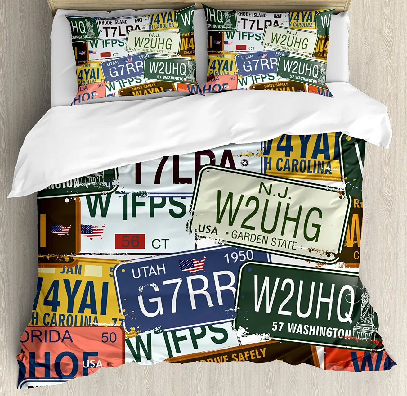 

Vintage Decor Duvet Cover Set, Original Retro License Plates Creative Travel Collections Art, 4 Piece Bedding Set
