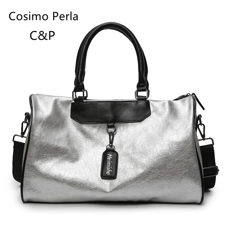 

European Fashion PU Leather Silver Travel Bags for Women 2019 Waterproof Sports Bag Short Trip Carry On Luggage Weekend Handbag