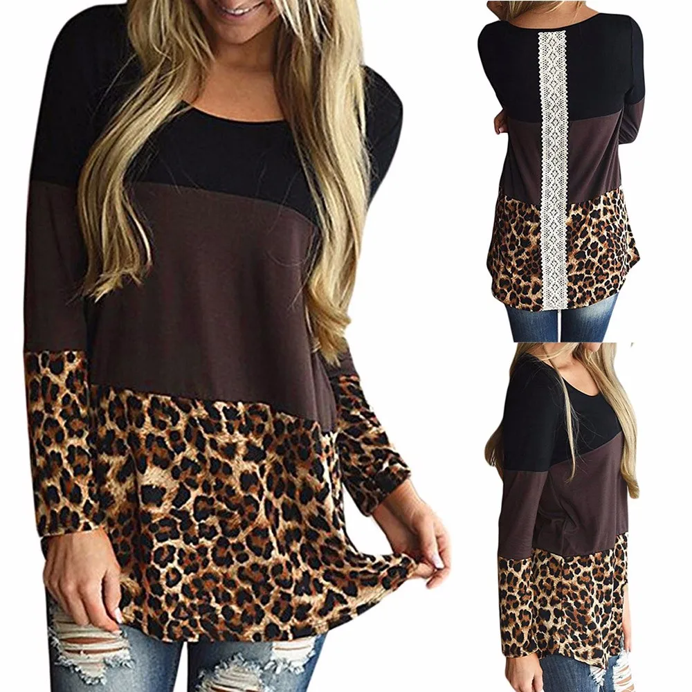 

2018 Womens Back Lace Tunic Tops Leopard Casual Long Sleeve T-Shirts