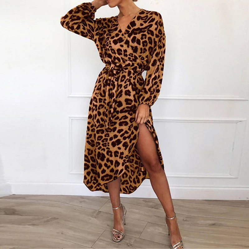 Leopard Print Dress Woman Autumn Long Sleeve Sexy V-Neck Dresses Casual Elegant Dresses Vestidos Office Lady High Split Dress