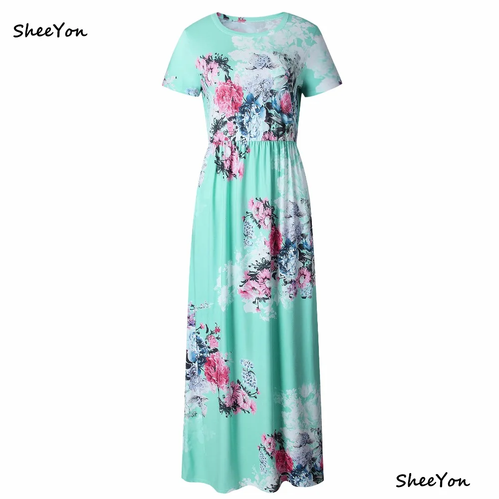 SheeYon Summer Dress Women Prairie Chic Short Sleeved O Neck High Waist Plus Size Printed Dress 