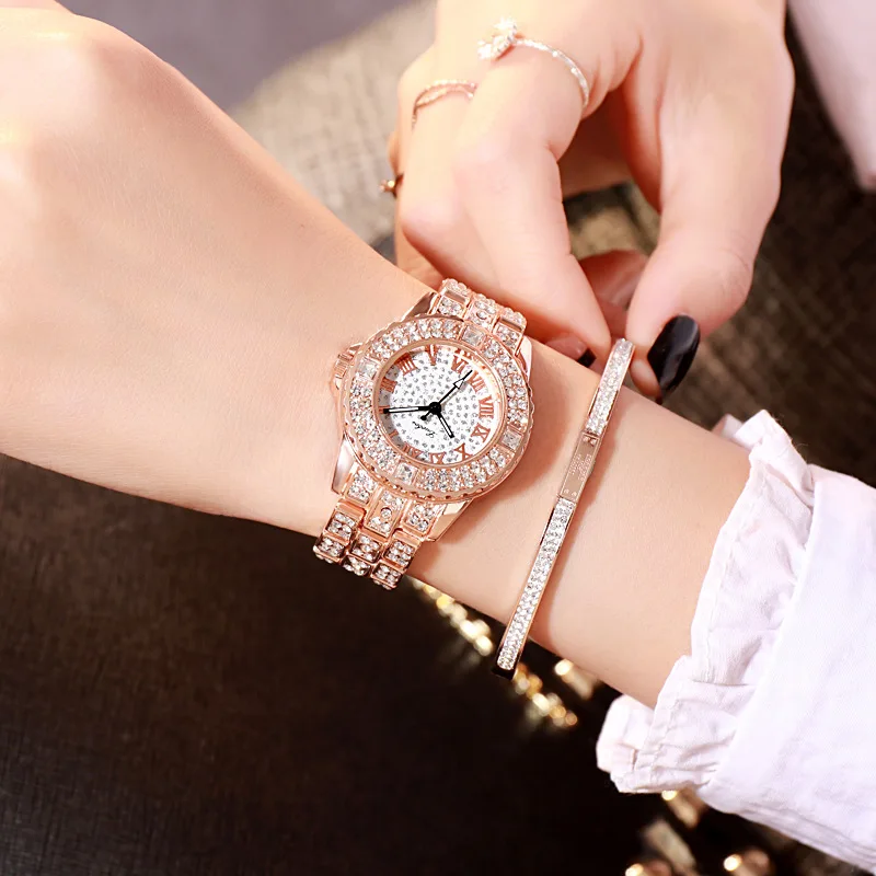 Золотые/серебряные/розовые Модные кварцевые круглые женские часы с мерцающими диоитами с ремешком на запястье