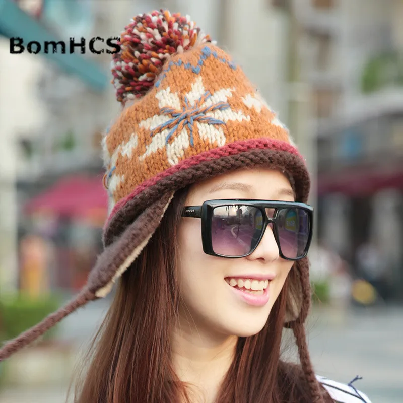 BomHCS 100% Handmade Ethnic Style Crochet Mosaic Parquet Beanie Knitted Hat Women's Winter Warm Cap 3