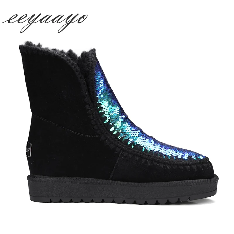 Neige blue Vache Fourrure Laine Doublure D'hiver black En 2019 Véritable Chaussures Vert Réel De Bottes Green Daim Appartements Bling Femmes Cheville Talon Nouveau Cuir aBwRqA