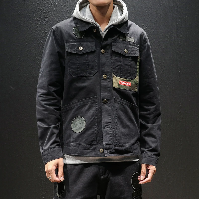 YASUGUOJI New 2019 Japan Style Jeans Men Jacket Fashion Vintage Black Mens Denim Jacket Streetwear Loose Patch Denim Jacket Men
