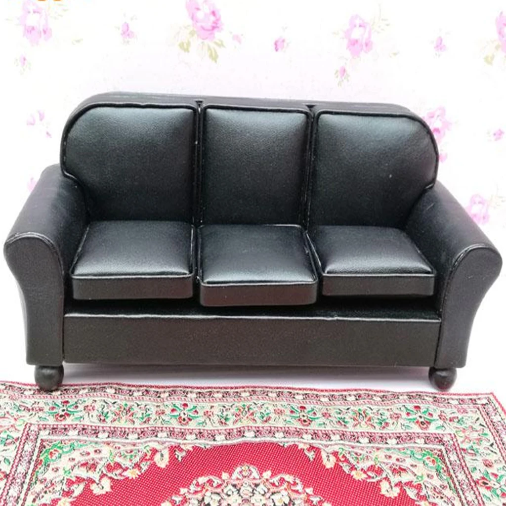 

European Style 12th Leather Couch Three-People Sofa Dollhouse Living Room Furniture Home Model Display Ornaments Black