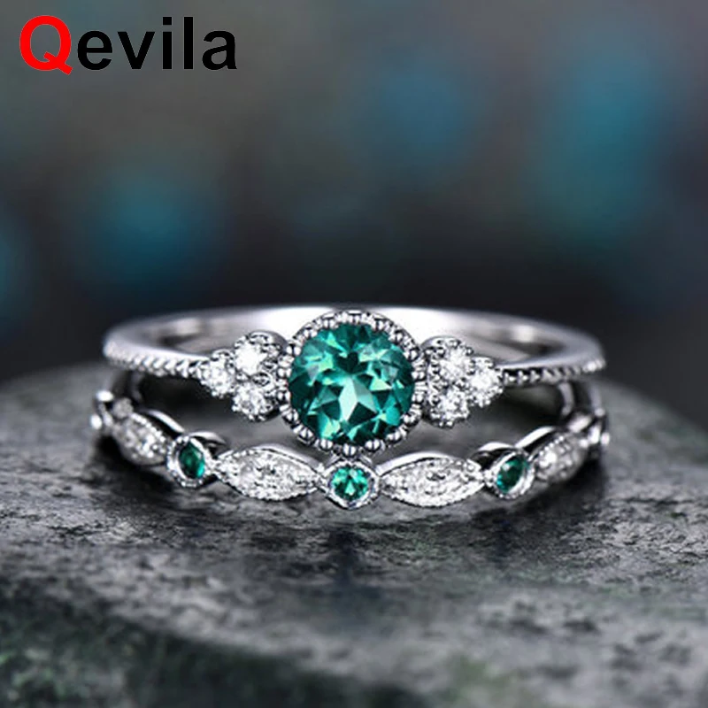 

Qevila 2Pcs/Set 2019 Luxury Green Blue Stone Crystal Rings For Women Sliver Color Wedding Engagement Rings Jewelry bagues pour