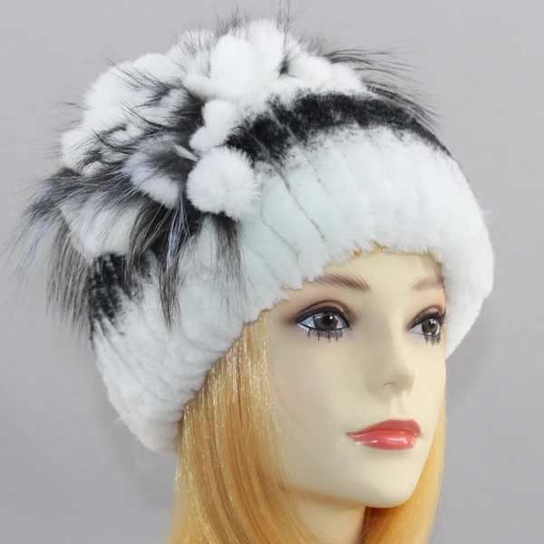 Зимняя женская меховая шапка, настоящий мех кролика, шапки с мехом серебристой лисы, цветок, вязанные шапки-бобы, модная Высококачественная женская меховая шапка - Цвет: Color 12