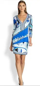 

Fashion fresh V-neck blue three quarter sleeve elastic dress knitted elastic print one-piece dress