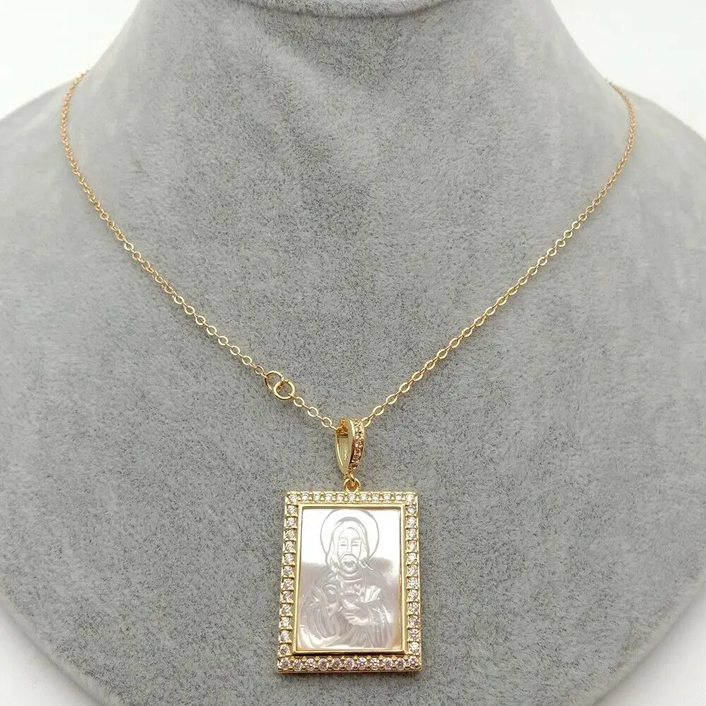 

Jesus Shell Pendant mother Of pearl Cz pave Rectangle Pendant Necklace