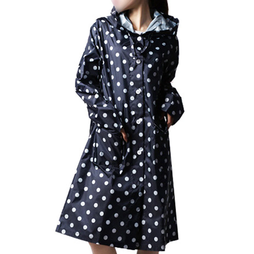 

GSFY-Outdoor Women Waterproof Riding Clothes Raincoat Poncho Pocket Polka Dot Hooded Knee Long Rainwear Nylon Navy Blue