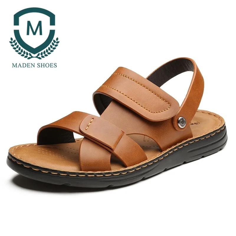 Maden/мужские сандалии из воловьей кожи; шлепанцы; 2 варианта использования; летняя пляжная обувь; универсальная повседневная обувь на липучке; цвет черный, коричневый, матовый - Цвет: yellow brown