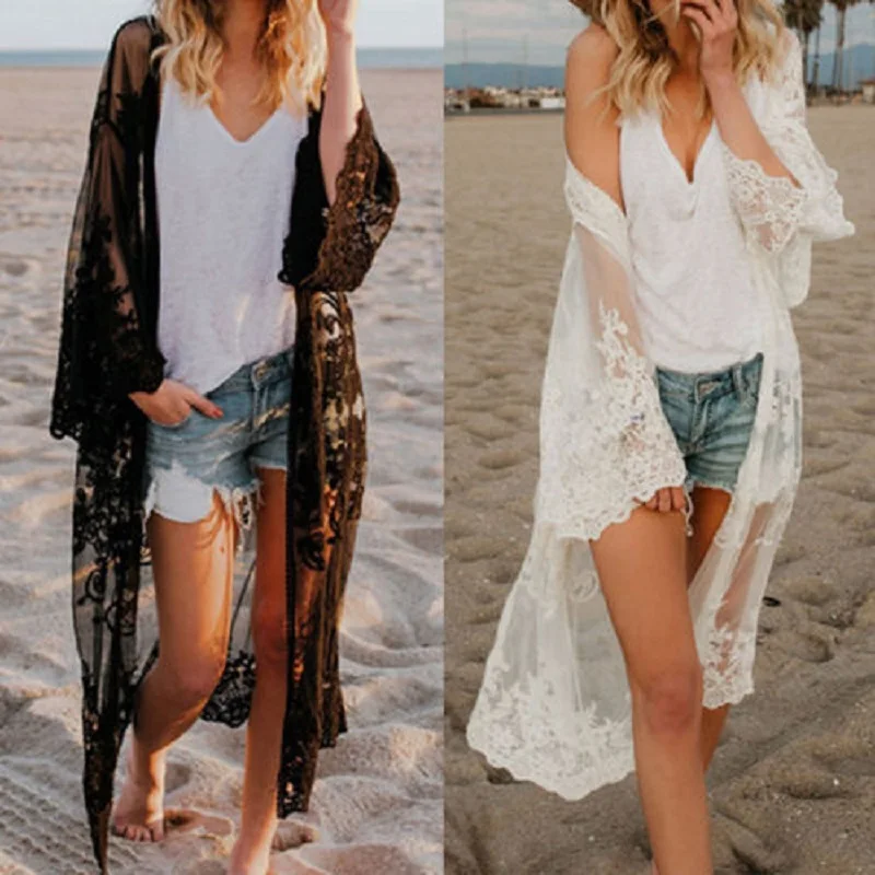

2019 New Women Chiffon Kimono Lace Loose Cardigan Bikini Cover Up Wrap Beachwear Beach Dress Beach Cover Up Pareo Robe De Plage